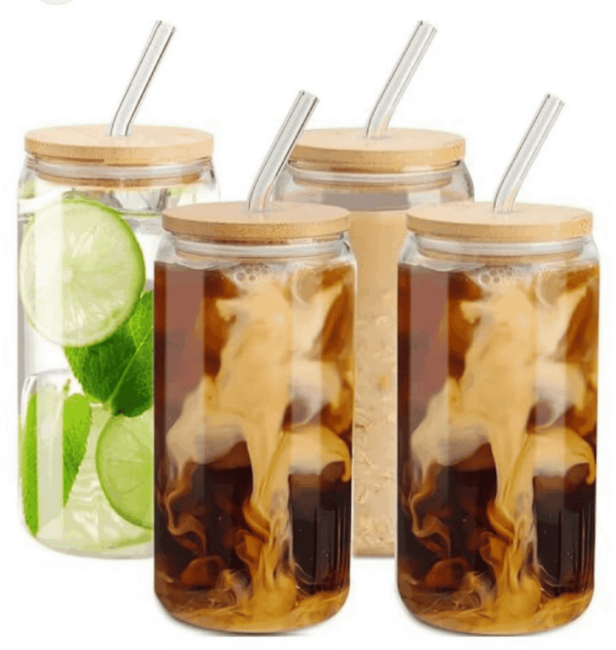 4 Pcs Glass cups with bamboo lids and straw